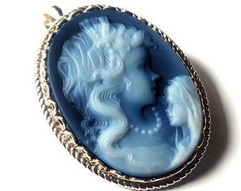 Blue Agate Cameo Brooch Pendant: Sterling Silver Woman & Child