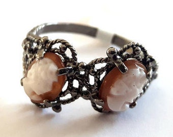 Double Cameo Ring: Sterling Silver Filigree, Hand Carved Shell