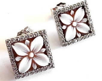 Square Flower Shell Cameo Earrings: Sterling Silver Zircon Frame