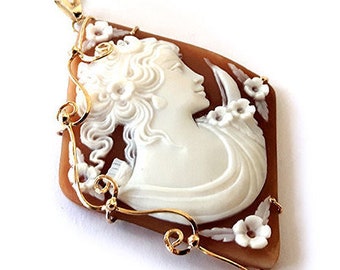 Gold Diana Cameo Pendant: Hand Carved Sardonyx Shell, Italian Jewelry