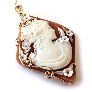 Gold Diana Cameo Pendant: Hand Carved Sardonyx Shell, Italian Jewelry