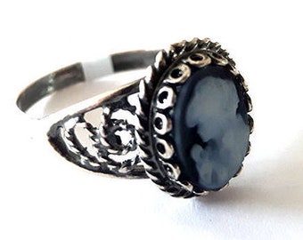 Blue Agate Cameo Ring: Sterling Silver Boho Woman's Jewelry