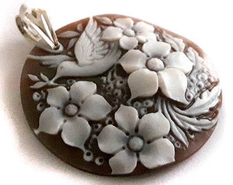 Shell Cameo Pendant: Bird and Flowers, Sterling Silver Hook
