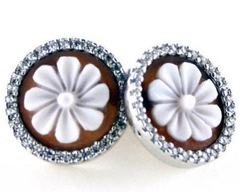 Flower Cameo Earrings: Sterling Silver Sardonyx Shell, Zircon Accents