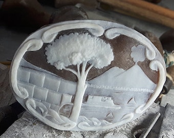 Hand Carved Sardonyx Shell Cameo: Vesuvius Naples Scene