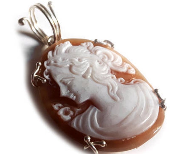 Handcarved Sardonyx Shell Cameo Pendant, 925 Sterling Silver