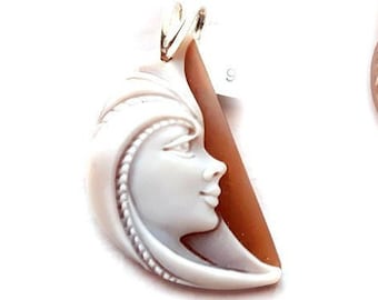 Half Moon Cameo Pendant: Hand Carved Sardonyx Shell, Sterling Silver