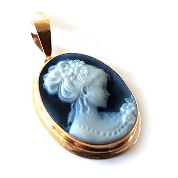 Oro blu cammeo ciondolo capelli intrecciati signora italiano cammeo gioielli donadio agata pietra cammei pendentif camée colgante camafeo