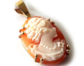 Gold Carnelian Shell Cameo Pendant: Antique Woman Profile