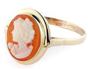 Gold Carnelian Cameo Ring: Hand Carved Woman Profile, Italian Jewelry
