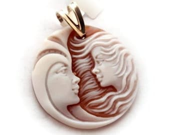 Moon Lady Cameo Pendant: Hand Carved Sardonyx Shell, Sterling Silver