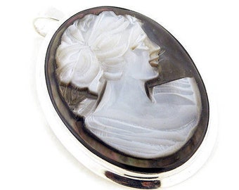 Mother of Pearl Cameo Brooch Pendant: Sterling Silver Lady Profile