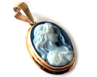 Gold blue cameo pendant lady italian cameo jewelry donadio agate stone cameos pendentif camée colgante de camafeo カメオペンダント Камея подвеска