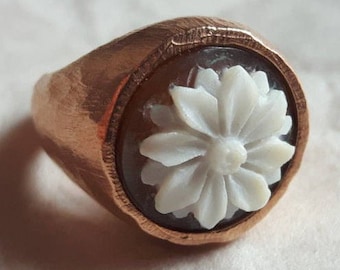 Flower cameo ring, sterling silver handmade cameo, shell cameo ring, italian jewels, gift for her, handmade ring,