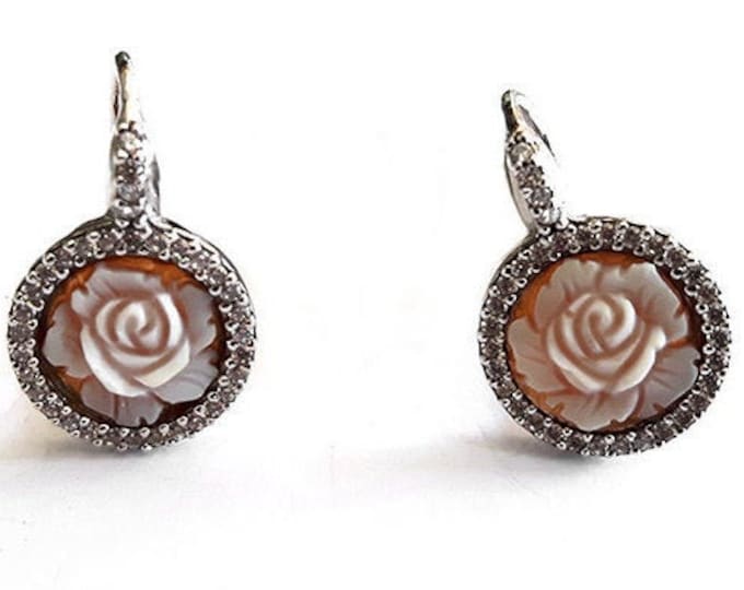 Shell cameo earrings Roses zircons italian cameo jewelry donadio cameo shell boucles oreilles camée pendientes camafeo カメオイヤリング Камея серьги