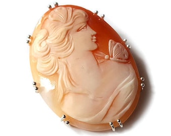 Carnelian Shell Cameo Brooch Pendant: Goddess & Butterfly, Sterling Silver