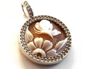 Butterfly Cameo Pendant: Sardonyx Shell, Sterling Silver Zircon Frame