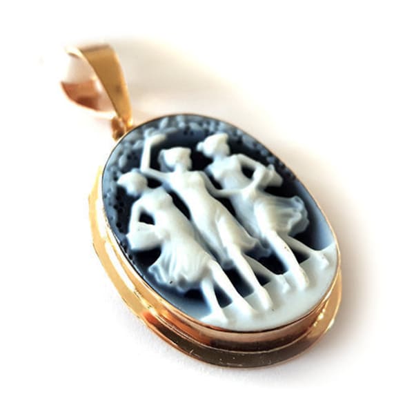 Gold blue cameo pendant three graces italian cameo jewels donadio agate stone cameo pendentif camée colgante camafeo カメオペンダント Камея подвеска