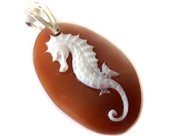 Seahorse Cameo Pendant - Sardonyx Shell, Sterling Silver Hook