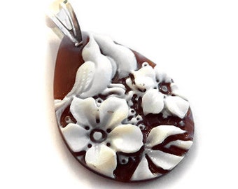 Floral Bird Sardonyx Shell Cameo Pendant - Sterling Silver Hook