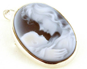 Blue Agate Cameo Brooch Pendant: Sterling Silver Mother & Child Jewelry
