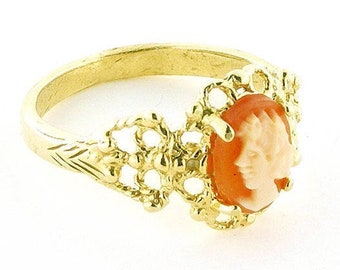 Anello con cammeo in conchiglia di corniola: filigrana in argento sterling placcato oro