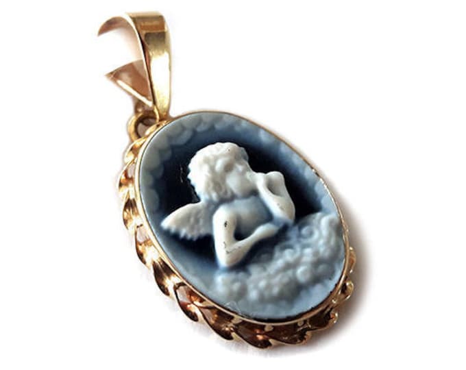 Gold blue cameo pendant angel italian cameo jewelry donadio agate stone cameos pendentif camée colgante de camafeo カメオペンダント Камея подвеска