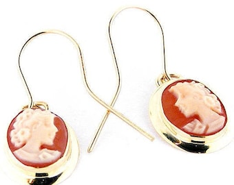 Carnelian Shell Cameo Earrings: 9kt Gold Italian Jewelry
