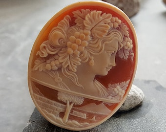 Hand Carved Cornelian Shell Cameo: Bacchante, Naples Scene (45-50mm)