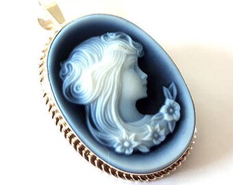 Blue cameo brooch pendant Lady flowers italian cameo jewelry donadio stone cameos pendentif camée broche colgante camafeo Камея подвеска