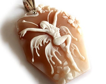 Fairy Cameo Pendant: Hand-Engraved Sardonyx Shell, Sterling Silver