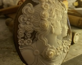 Hand Carved Sardonyx Shell Cameo: Flora Double Profile, Italian Jewelry