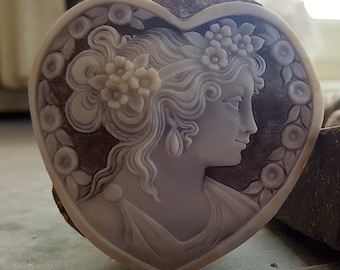 Hand Carved Sardonyx Shell Cameo: Flora Heart, Italian Jewelry
