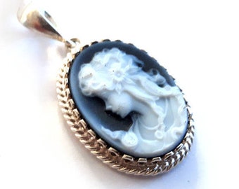 Blue Agate Cameo Pendant: Sterling Silver Long Hair Lady