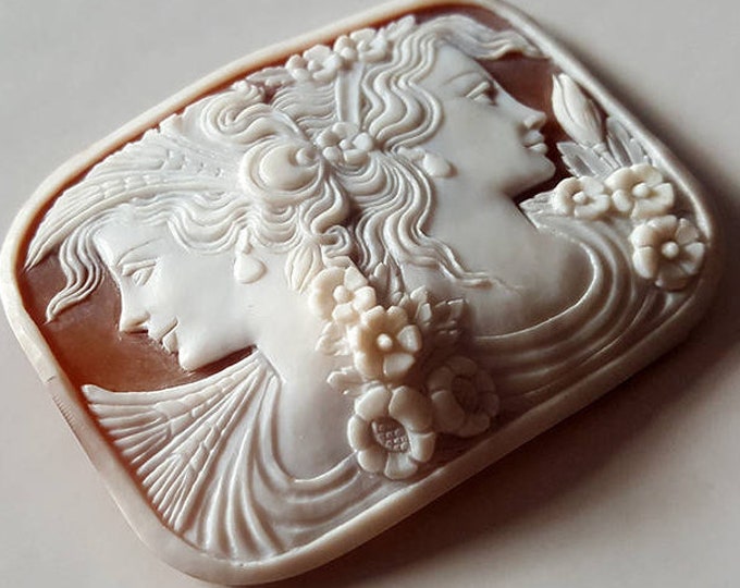 Large Sardonyx Shell Cameo, Ceres & Flora, Italian Jewelry