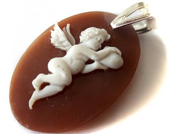 Cupid Shell Cameo Pendant: Hand Carved Sardonyx, Sterling Silver Hook