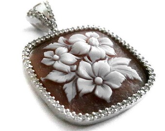 Floral Shell Cameo Pendant: Sterling Silver Zircon Frame, Italian Jewelry