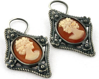 Shell cameo earrings dark silver italian cameos jewelry donadio cameo shell boucles d'oreilles camé pendientes camafeo カメオイヤリング Камея серьги