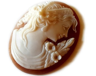 Handcarved Sardonyx Shell Cameo: Flora Goddess, Italian Jewelry (30mm)
