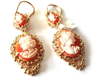 Double cameos earrings italian cameo jewelry donadio cameo shell boucles d'oreilles camée pendientes camafeo カメオイヤリング Камея серьги