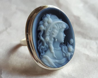 Stone cameo ring, blue agate stone cameo ring sterling silver classic style, gift for her, italian cameo ring, lady profile cameo, christmas