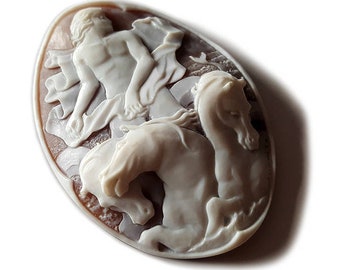 Hand Carved Sardonyx Shell Cameo: Man & Horses, Italian Jewelry