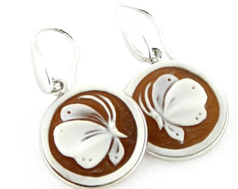 Butterfly Shell Cameo Earrings: Hand Carved Sardonyx, Sterling Silver