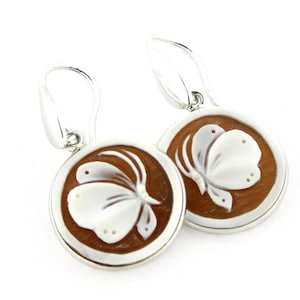 Butterfly Shell Cameo Earrings: Hand Carved Sardonyx, Sterling Silver