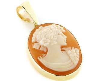 Gold Flora Cameo Pendant: Hand-Engraved Carnelian Shell, Italian Jewelry