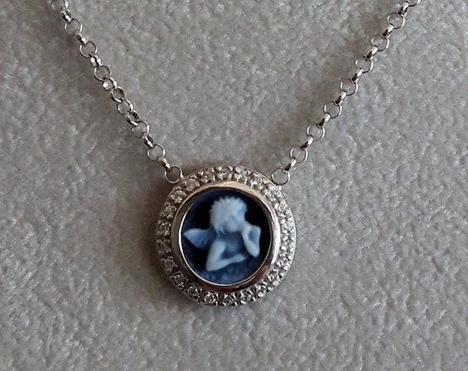 Blue cameo necklace angel italian cameo jewelry donadio agate stone cameo collier camée Камея ожерелье カメオネックレス gift for girls