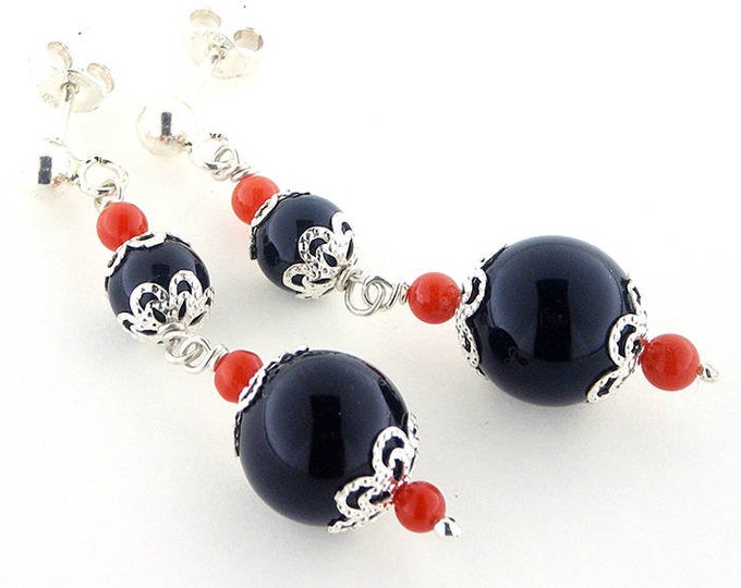 Coral earrings black stones italian coral jewelry donadio corals cameos jewellery boucles d'oreilles corail サンゴのイヤリング Коралловые серьги gift
