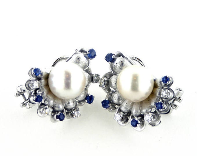 Sapphires pearls gold earrings italian precious jewelry donadio boucles oreilles saphir サファイアピアス сапфировые серьги pendientes zafiro