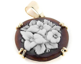 Gold Floral Cameo Pendant: Italian Sardonyx Shell Jewelry