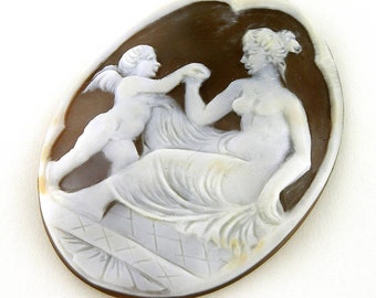 Hand Carved Sardonyx Shell Cameo: Cupid & Roman Woman, 5cm